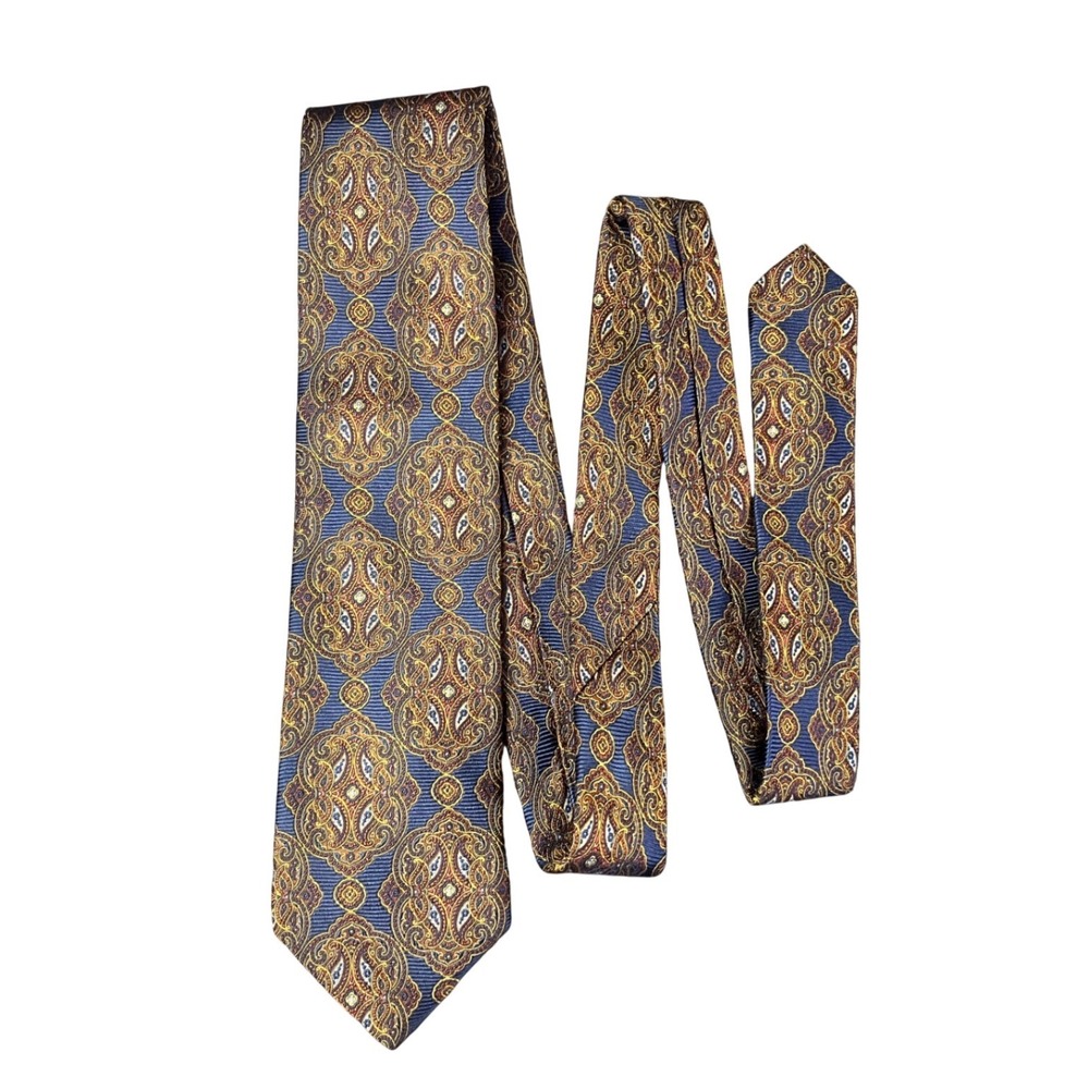 Jos. A. Bank Signature Gold Blue Gold Medallion Paisley 100% Silk Tie Hand Made